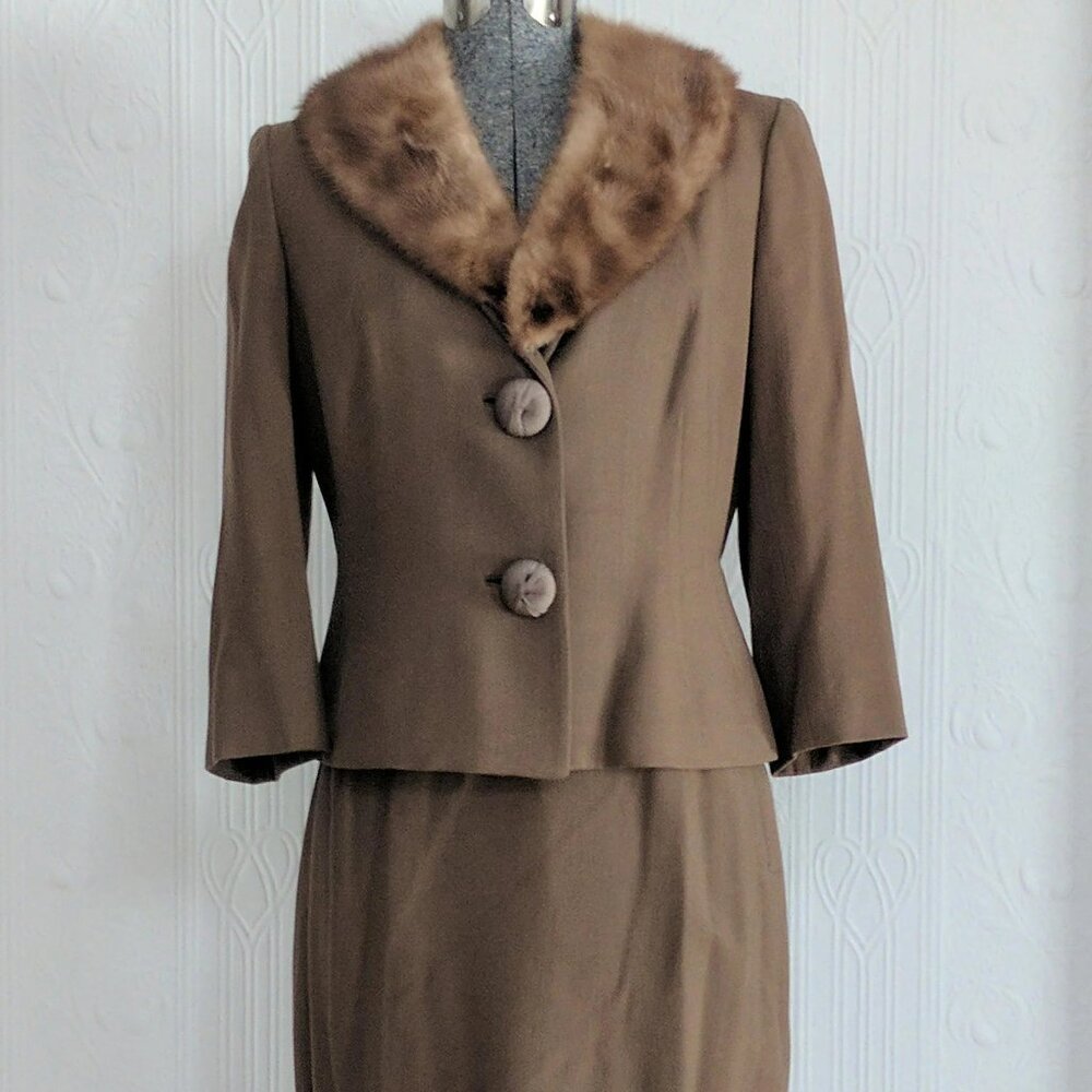 Late 50's early 60's brown suit with mink collar small/medium